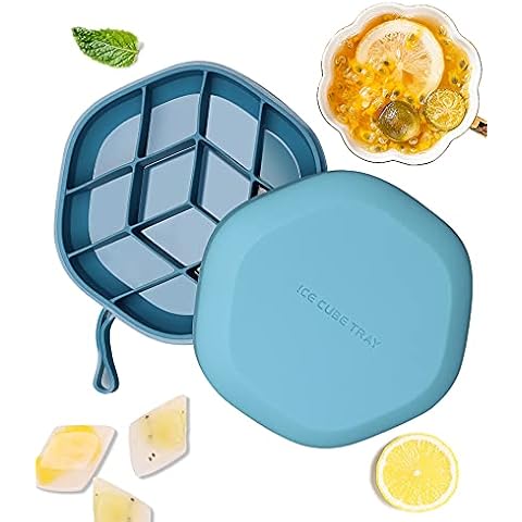 Ancevsk Siicon Ice Cube Tray Easy Release, 12 Ice Molds Flexible Ice Maker with Reomvable Lid Stackable Durable for Whiskry Wine Cocktails Juice (Blue) Cover