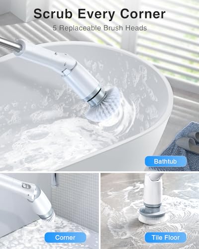 LABIGO Electric Spin Scrubber LA3 Pro, Cordless Bathroom Scrubber with 5 Replacement Head, 3 Adjustable Angle, Household Power Cleaning Brush with Extension Arm for Bathtub Window Car Grout Tile Floor