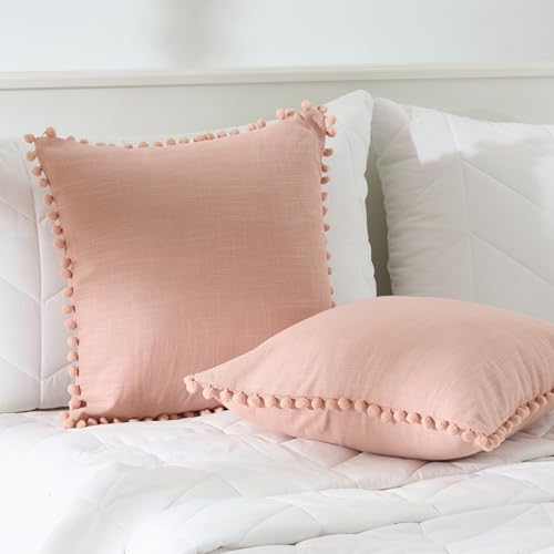 Image of 100% Cotton Pom Pom Cushion with Filler, Elegant & Modern Cushion Cover for Living Room, Square Shape, 16 inchx16 inch, uni slub, Set of 2 - Cloud Rose