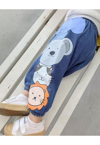Image of Googo Gaaga Boys Denim Joggers | Soft cotton denim trousers for boys & girls with fun prints, mid-rise fit, elastic waistband, and comfort for everyday wear.