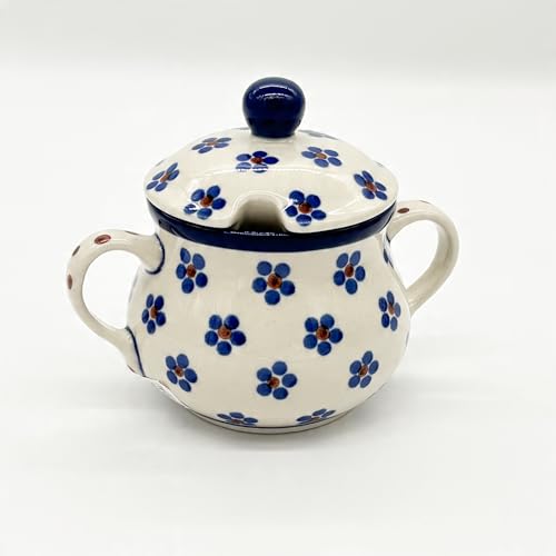 Generisch Bunzlauer Keramik Zuckerdose mit Deckel, Weiß mit Blauen Blumen, Traditionelle Polnische Keramik, 10 cm Höhe, 12,5 cm Durchmesser