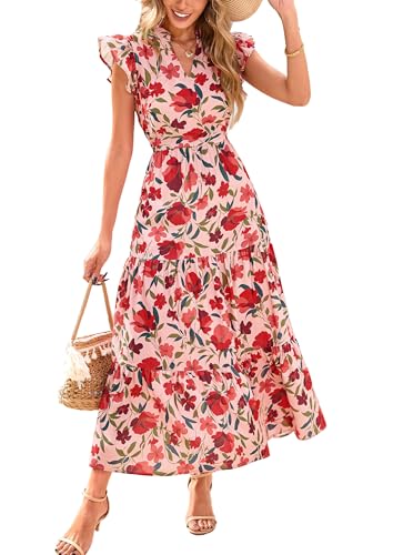 Image of PRETTYGARDEN Women's 2026 Summer Floral Midi Dress Cap Sleeve V Neck Ruffle Long Flowy Boho Casual Beach Vacation Dresses
