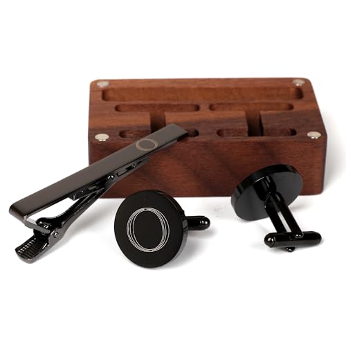 Image of Mens Initial Cufflinks and Tie Clip A-Z Alphabet Letter Black Stainless Cuff Links Tie Bar with Engraved Walnut Wood Box Groom Groomsman Wedding Set