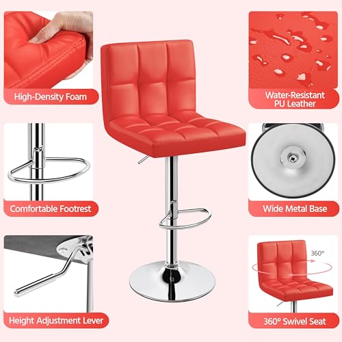 Image of Yaheetech Bar Stools Set of 2, Adjustable PU Leather Swivel Barstools, Modern Counter Stools with Back and Footrest, Counter Height Barstools for Bar, Kitchen, Dining Room, Red