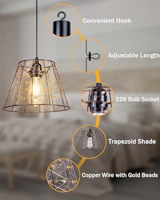 Battery-Operated Chandelier Hanging-Pendant-Lights with Trumpet Shades Copper Wire