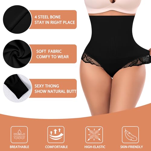 Image of Werena Tummy Control Thong Shapewear for Women High Waisted Body Shaper Panties Shaping Thong Girdle Underwear(02# Lace Black,Medium)