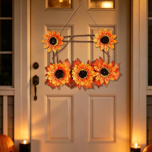 Harvest Wooden Branch Sunflowers Fall Door Decor, Hanging Fall Door Sign - image 1