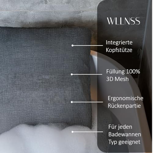 WLLNSS® Badewannen Kissen Made in EU - grau 60 x 40 cm - schnell trocknendes Premium Badewannenkissen mit ergonomischer Kopfstütze Wanne für Kopf Nacken Rücken Ganzkörper