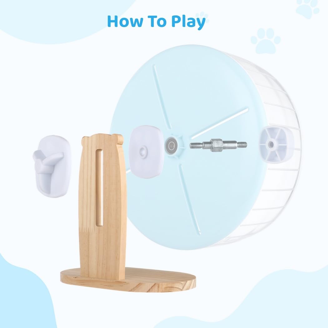 Rueda de hámster con soporte, rueda silenciosa de 10.2 pulgadas con base de madera, giratoria silenciosa ajustable para cobayas, deslizadores de azúcar, jerbos, chinchillas y mascotas pequeñas