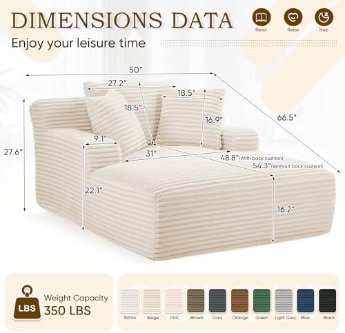 Oversized Chaise Lounge Chair Indoor,50" W Upholstered Corduroy Sofa with 3 Pillows,Comfy Fluffy Cloud Couch,Modern Deep Seat Sofa,Single Sleeper Sofa Chair for Livingroom,Bedroom,No Assembly(Beige)