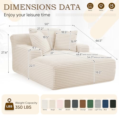 Oversized Chaise Lounge Chair Indoor,50" W Upholstered Corduroy Sofa with 3 Pillows,Comfy Fluffy Cloud Couch,Modern Deep Seat Sofa,Single Sleeper Sofa Chair for Livingroom,Bedroom,No Assembly(Beige)
