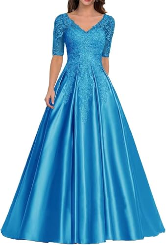 V Neck Mother of The Bride Dress Long Satin Prom Dresses Lace Applique Formal Evening Gown with Sleeve4