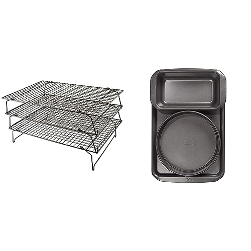 Image of Tala 3 Tier Non-Stick Cooling Rack - Space Saving Collapsible Racks - Cake Cooling Rack for Baking Freshly Baked Muffins, Cookies & Biscuits - 40 x 25cm, Black + Tala Essential Non-Stick Baking Set