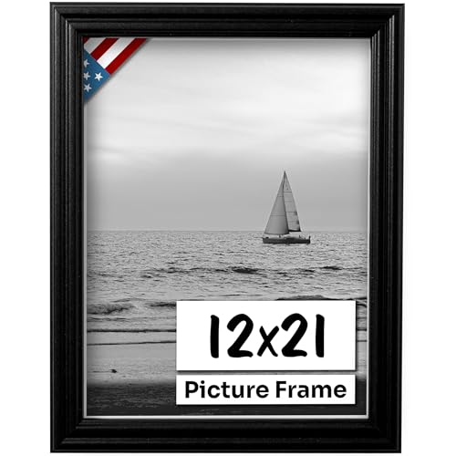 Black 12x21 Picture Frame .75" Inch Wide - Black Wall Decor Handmade Solid Wood Frames with Preinstalled Hangers and UV Blocking Plexiglass 21x12 Frame