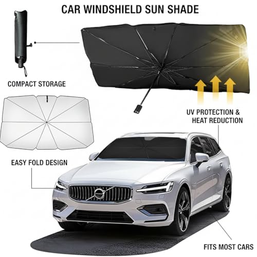 Image of Sulfar Car Sun Shade,for Car Front Windshield, Umbrella Sun Shade Cover, Foldable UV Reflector and Heat, Sunshade for Cars, Fits Most Vans SUVS (57 x 31 in)