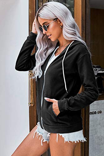 Wrolem Women Casual Zip Up Hoodie Lightweight Comfy Loose Long Sleeve Sweatshirt Solid Color With Pockets X-Large Black #TOP3