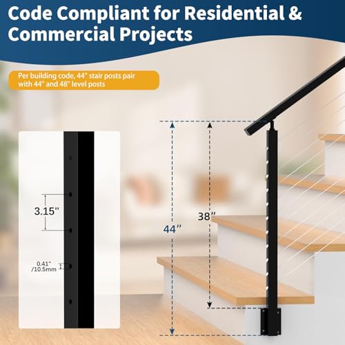 Image of 3 Pack Side Mount Stair Cable Railing Post 36 inch (Post Body 44 inch), Right Side Space-Saving Fascia Mount Deck Post for 36 inch-38 inch Stair Railing, Black Stair Handrail Post for Indoor Outdoor Stairway