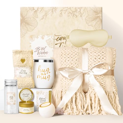 Gift Basket for Women Self Care Set with Knitted Throw - Care Pkg - Beige
