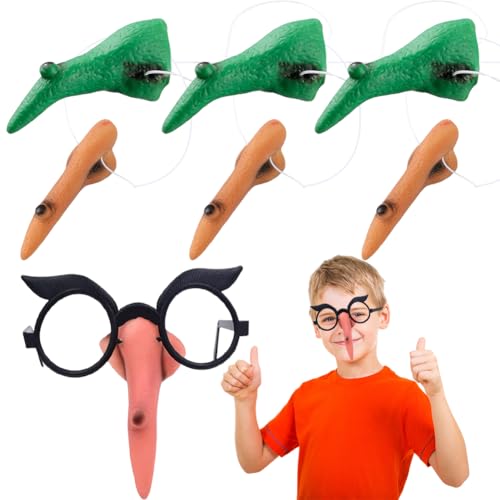 OFKAFEZV Nariz de bruxa, 7 peças nariz de bruxa falsa para Halloween, óculos com nariz de bruxa, acessórios de disfarce de Halloween, peças de corpo falso assustador, para festa de Halloween
