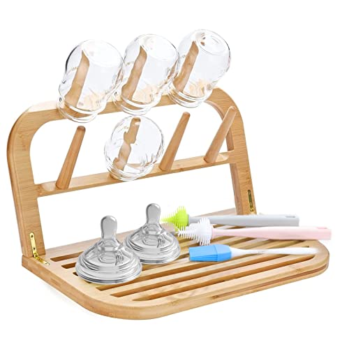 Image of Bamboo Baby Bottle Drying Rack, Space Saving Kitchen Drying Rack & Bottle Holder for Plastic Bag, Cup, Glass, Dish, Accessories, Reusable Ziplock and Freezer Bag Dryer Rack