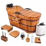 OGOLOUG Cedar Wood Soaking Tub for Adults, Freestanding Wooden Bathtub with Lid & Steamer, Deep Japanese Style Bath Tub with Seat, Home Spa Bath Barrel (NW, 47.2 in)