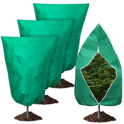 Vegamall 3Pcs Plant Fleece Frost Protection Covers, 100x120 cm Garden Fleece Frost Protection, 70gsm Horticultural Fleeces with Zipper & Drawstring, for Outdoor Potted Plants(Green)
