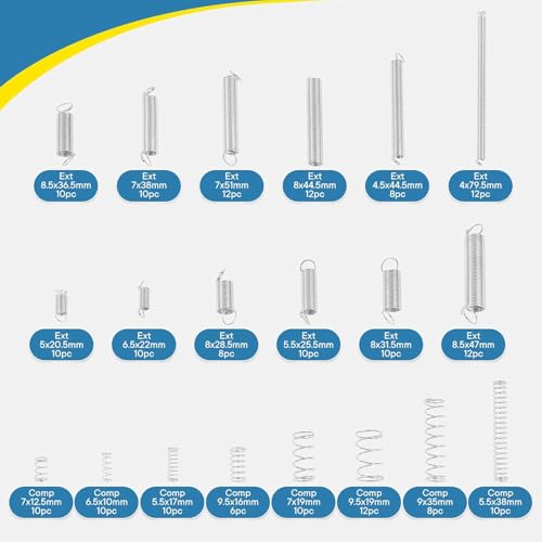 Kezidhp 200 Stück Feder Druckfedern Sortiment Set, Edelstahl Schwingfedern mit Box, Druckfedern, Zugfedern mit Haken,Stahlfedern, für Geräte, Handwerkzeuge, Auto