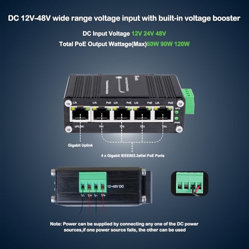 Image of Industrial 5 Ports Gigabit PoE Switch, Mini Ethernet Switch with 4 x Gigabit PoE+ Ports & 1 x Gigabit Port, 802.3af /at 30W /Port, Plug & Play, Aluminum Case, Din Rail & Wall Mountable