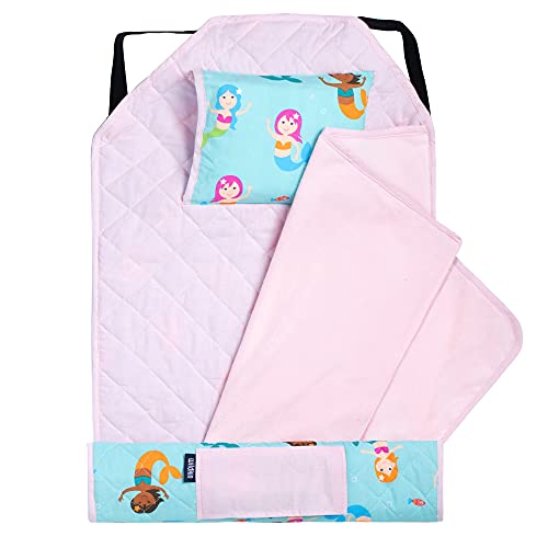 Image of Wildkin Modern Kids Nap Mat with Pillow for Girls - Soft & Cozy Cotton Blend, Elastic Straps, Toddler Sleep Mat for Daycare, Preschool, Kindergarten & Travel, Ages 3-7, Machine Washable - Mermaids
