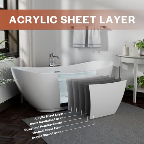 Image of Empava 69 inch Freestanding Tub, Acrylic Contemporary Soaking White Tub with Drain and Overflow