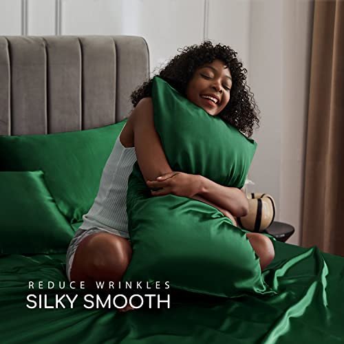 Image of MR&HM Satin Bed Sheets, Full Size Sheets Set, 4 Pcs Silky Bedding Set with 15 Inches Deep Pocket for Mattress (Full, Dark Green)