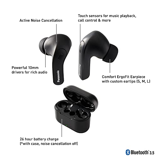 Image of Panasonic ErgoFit True Wireless Earbuds with Noise Cancelling, in Ear Headphones with XBS Powerful Bass, Bluetooth 5.3, Charging Case - RZ-B310W