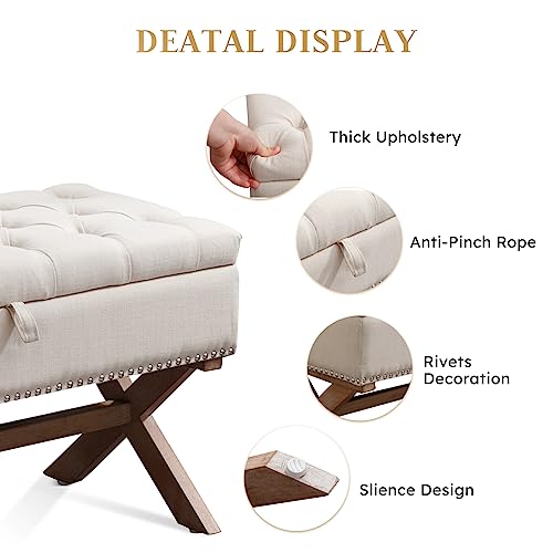Bonzy Home 36" Tufted Entryway Bench with Storage,French Vintage Bedroom Bench with X-Shaped Legs, Linen Fabric Storage Ottoman Bench for Bedroom Dining Room Living Room Entryway, Beige - Thumbnail 6
