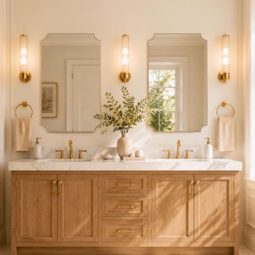 Image of TEHOME Gold Bathroom Mirrors, Brushed Brass Rectangle Scalloped Vanity Mirror for Bathroom,24x40''