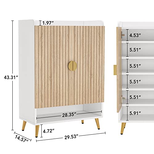 Tribesigns Shoe Cabinet with Doors, 7-Tier Shoe Storage Cabinet with Adjustable Shelves, Wooden Shoes Rack Shoe Storage Organizer for Entryway, Hallway, Closet, Living Room, Wood and Gold
