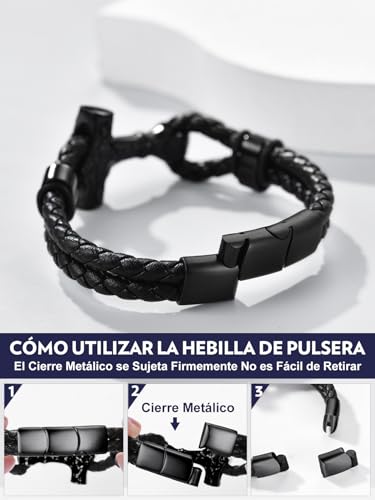 Bandmax Pulsera Martillo Negro Cuero de Hombres Longitud 21 CM Vikingo Pulsera de Cuero Pulsera Trenzada con Cierre Magnético Vikingo Joyería - imagen 7