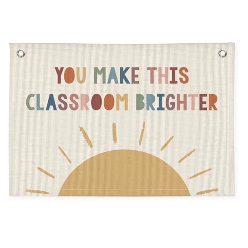 Wheatwin Boho Classroom Canvas Banner, Neutral Classroom Must Haves Wall Decor, Welcome Sign Back To School Linen Banner Flag Decor for School 20x30