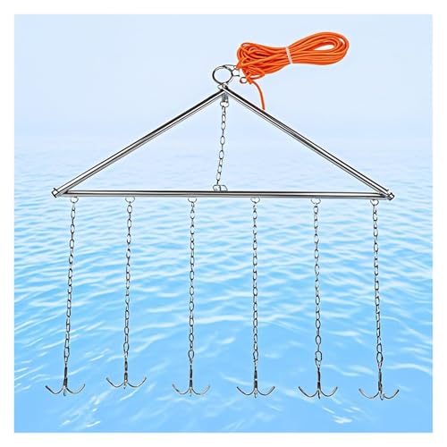 MZZKFC Gancio di Salvataggio Subacqueo Pieghevole in Acciaio Inox, Ganci di Salvataggio in Metallo con Corda da 65,6 FT E 6 Catene da 23,6 in, Gancio di Recupero per Il Lago Fluviale