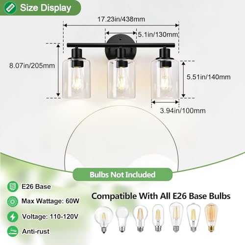 ZASTION 3-Light Bathroom Light Fixtures, Black Bathroom Wall Lights, Modern Bathroom Vanity Light with Clear Glass Shade, Bathroom Wall Lamp for Mirror Kitchen Bedroom Living Room