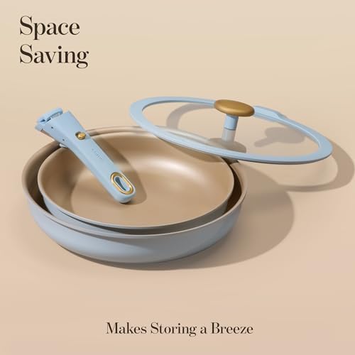 CAROTE Titanium Reinforced Nonstick Frying Pans Skillets 2 piece Set with Lids, Non-Stick Fry Pan Egg Pan with Detachable Handle, PFOS, PFOA Free, Induction Compatible(10-inch & 12-inch), Blue - Thumbnail 4