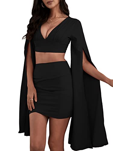 Lyaner Women's 2 Piece Outfits Cloak Long Sleeve Crop Top And Ruched Mini Skirt Set Black Medium #TOP3