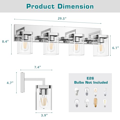 Image of Chrome Bathroom Vanity Light, Square Design 4 Lights Morden Vanity Lighting Fixtures Over Mirror, Bathroom Vanity Light Fixtures for Living Room /Bedroom