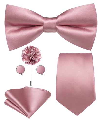 Image of Hi-Tie 5Pcs Mens Solid Color Silk Tie Satin Pretied Bowtie Lapel Pin for Men Handkerchief Cufflink Wedding Gift Box