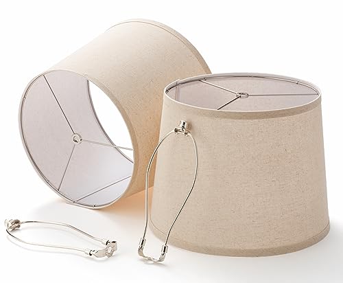 Linen Lamp Shades Set of 2, 11 x 13 x 10 inch (Medium - Large Size), Drum Lampshades with 9 inch Harp, Brown Farmhouse Lamp Shade for Table Lamp and Floor Lamp, Cloth Lamp Cover, Assembly Required