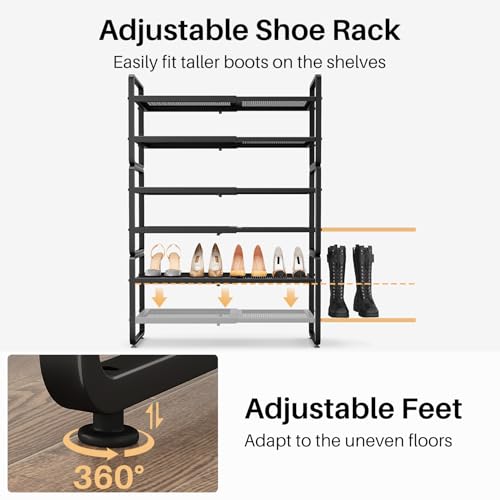 Image of SNTD Shoe Rack - Expandable Shoe Organizer for Closet, Adjustable Metal Shoe Shelf Storage, Stackable Long Shoe Stand Holder for Garage, Entryway, Door Entrance (Black, 6-Tier)