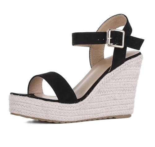 Image of Wedges for Women, Espadrille Platform Sandals, Comfortable Open Toe Wedge Heels with Ankle Strap Buckle, Summer Vacation Casual Shoes