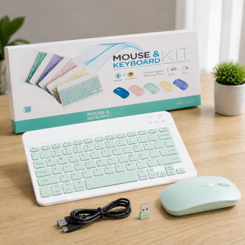 Image of Wireless Bluetooth Keyboard and Mouse Combo, Rechargeable Slim Multi-Device Keyboard with Bluetooth, Mouse with Bluetooth & 2.4G USB Receiver. (Mint Green)