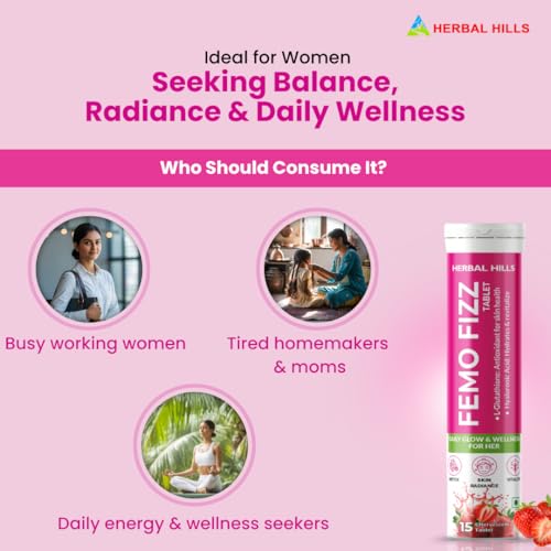 Image of Herbal Hills Femo Fizz Women's Daily Fitness Effervescent Tablet with L-Glutathione & Hyaluronic Acid for Glowing Skin - 15 Effervescent Tablets (Pack of 2)