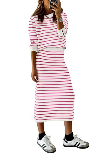 PRETTYGARDEN 2 Piece Skirts Sets For Women Fall Fashion 2025 Striped Sweater Dress Knit Lounge Travel Outfits Winter Clothing (Rose Red Stripe,X-Large)