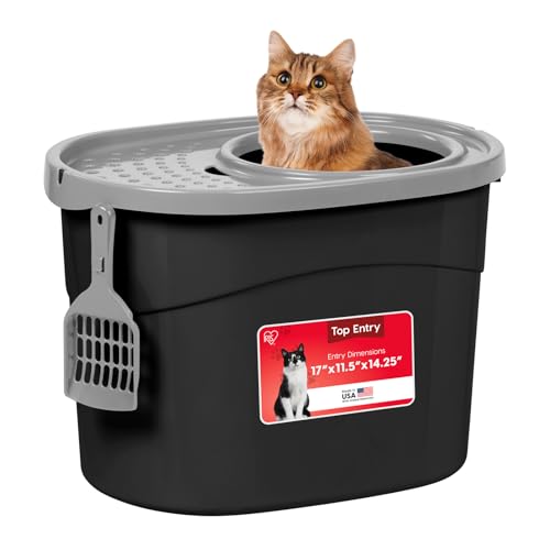 IRIS USA Top Entry Cat Litter Box, Large Enclosed with Litter Catching Lid and Scoop, Dog Proof, Cat Litter Box, Black/Gray